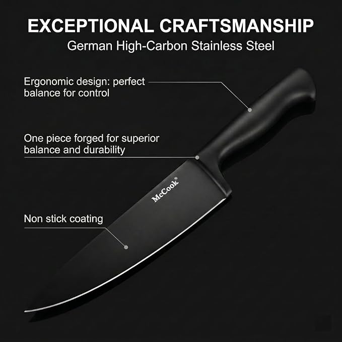 McCook® Premium Black Knife Sets,German Stainless Steel Kitchen Knives Block Set with Built-in Sharpener, 20-Piece Razor-Sharp Kitchen Knives with Ergonomic Handles, Elegant Box for Gift, Black | German Forged Stainless Steel,20 PC,Razor Sharp, Anti-Ru...
