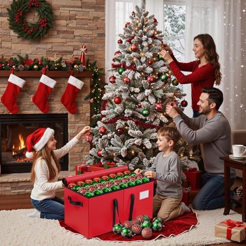 Christmas Ornament Storage Box, 8 Individual Trays with Handles, Red