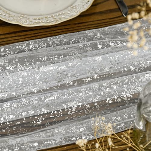 Artoid Mode White Silver Gauze Table Runner 120 Inch 10Pcs, Glitter Metallic Foil Sheer Dining Holiday Wedding Anniversary Birthday Table Decor for Home Party