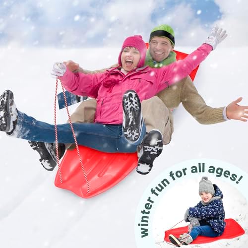 Slippery Racer Downhill Xtreme Flexible Adults and Kids Plastic Toboggan Snow Sled for up to 2 Riders with Pull Rope and Handles