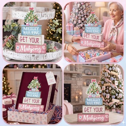 Moucuny 4 Pcs Christmas Mahjong Table Decor Merry Mahjong Wooden Signs