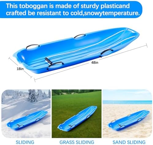 Toboggan Snow Sled for Adults, 48in Plastic Sleds with Pull Rope and 4 Handles, Outdoor Plastic Snow Sled for Kids and Adults