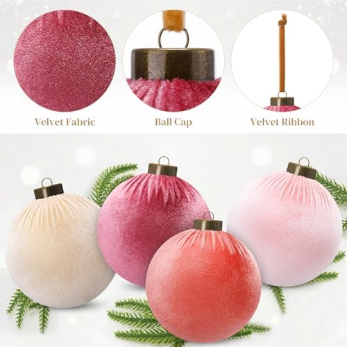 Liliful 12 Pcs Extra Large Velvet Christmas Balls Velvet Ornaments for Christmas Tree Flocked Shatterproof Xmas Tree Balls Bulk for Holiday Party Xmas Trees Hanging Decorations(4 Inch,Pink)