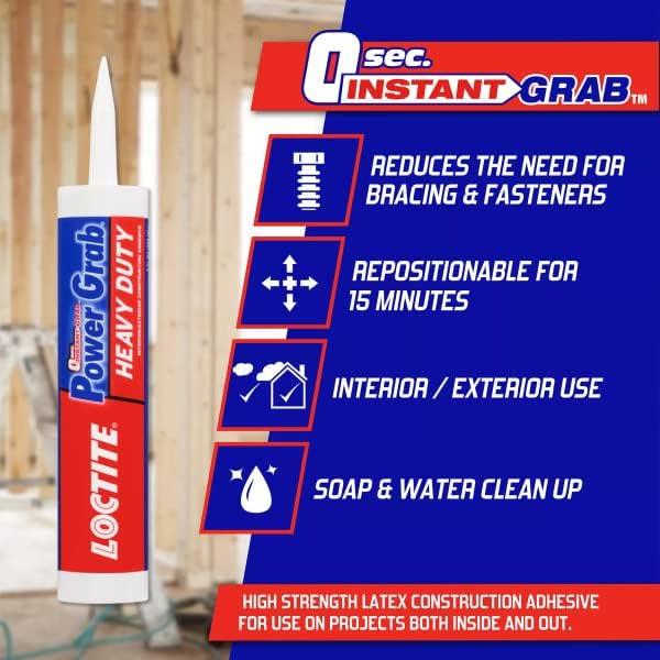 Loctite Power Grab Express Heavy Duty Construction Adhesive, 9 fl oz Cartridge, 12 Pack - Versatile Construction Glue for Cement, Tile, Wall & More