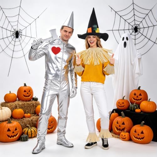 10Pcs Halloween Scarecrow Couple Costume Set - Silver Gloves Hat Axe Red Heart Sticker Scarecrow Hat Neck Wrist Leg Ties - Adult Men Women Group Party Carnival Cosplay Costumes