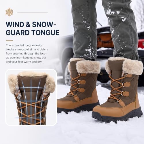 Women's Snow Boots Winter Water-Resistant Faux Fur Lined Warm Outdoor Lace Up Mid-Calf Booties Deep Tread Rubber Sole