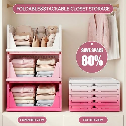 Pink Girl Closet Organizers and Storage Stackable Plastic Drawer Basket for Clothing Stackable Storage Bins Shelf Storage Container for RV Closet Wardrobe Bedroom Bathroom Playroom 8 Pack
