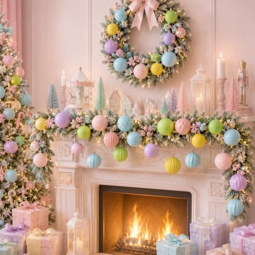 Lunmon 64 Pcs Pastel Christmas Ball Ornaments Macaron Candy Land Xmas Bulbs