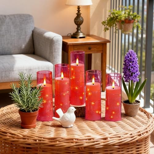 kakoya Flameless LED Candles with Timer 5 Pc Flickering Flameless Candles for Romantic Ambiance and Home Decoration Stable Acrylic Shell,with Embedded Star String，Battery Operated Candles(Pink)