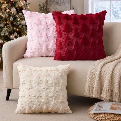 DFXSZ Christmas Tree Pillow Covers 18x18 Set of 2 Christmas Decor Wine Red