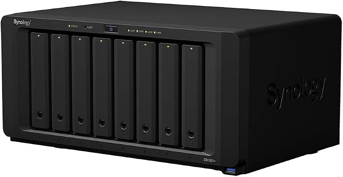 Synology DiskStation DS1821+ NAS Server with Ryzen 2.2GHz CPU, 32GB Memory, 64TB HDD Storage, 1TB M.2 NVMe SSD, 4 x 1GbE LAN Ports, DSM Operating System