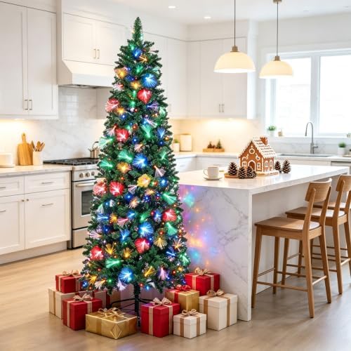 Juegoal 6 FT Pre-Lit Pencil Christmas Tree with Fiber Optic, 245 LED Lights
