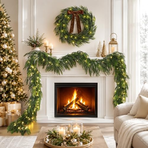 N&T NIETING 15FT Christmas Norfolk Pine Pre-Lit Garland with 125 LED Lights Real Touch Prelit Garland Christmas Greenery Garland for Table Mantle Fireplace Stairs Indoor Outdoor Xmas Decorations