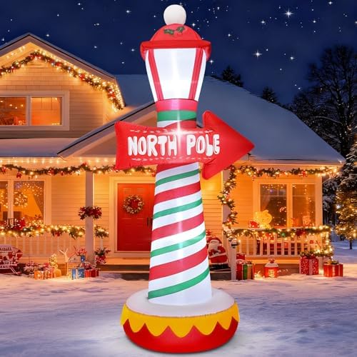 6 FT Christmas Inflatables North Pole Road Sign Outdoor Decoration, Blow Up Street Lamp with Built-in LED Lights, Santa Claus Arctic Road Sign for Holiday Display Lawn Garden Yard Xmas Decor