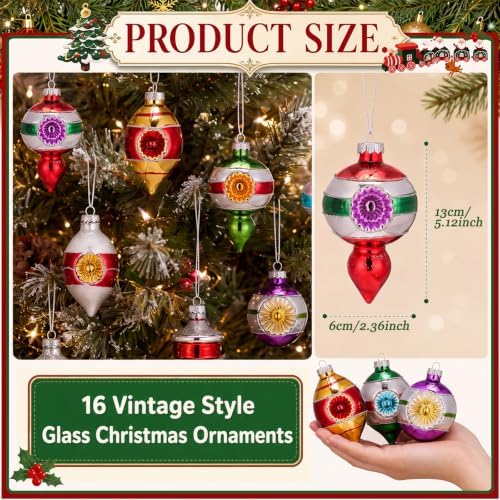 16 Pcs Vintage Glass Christmas Ornament Reflector Decor, Classic