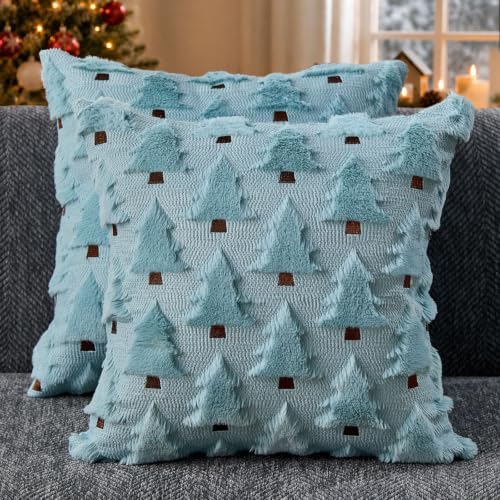 Allorry Christmas Pillow Covers 18x18 inch Set of 2 Blue Christmas Decorations Soft Plush Faux Fur Wool Christmas Tree Throw Pillow Cases Winter Holiday Decor for Sofa Living Room PT002F18