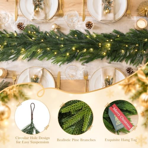 N&T NIETING 9FT Christmas Norfolk Pine Pre-Lit Garland with 70 LED Lights Real Touch Prelit Garland Christmas Greenery Garlands for Table Mantle Fireplace Stairs Indoor Outdoor Xmas Decorations