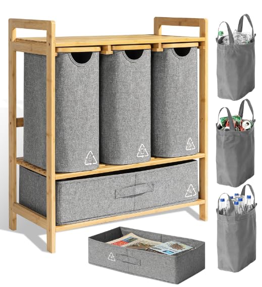 4 Section Recycling Bin for Kitchen – Trash and Recycle Bin Combo for Paper, Plastic, Cans – Indoor Recycling Station – Large Kitchen Trash Can – Office Trash and Recycle Bin Organizer