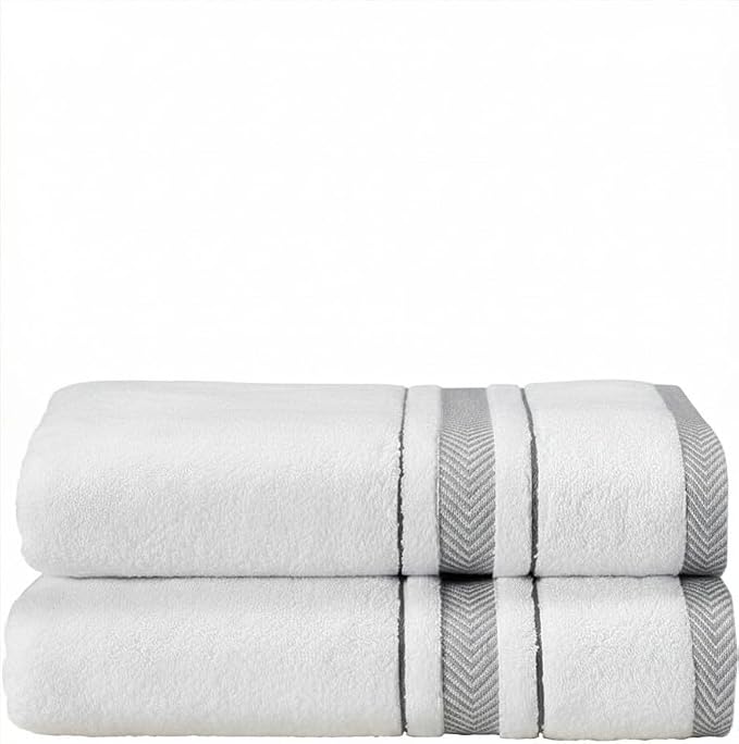 Bath Towels Set for Bathroom – Luxury 6-Piece Cotton Towels, Soft Absorbent & Quick Dry, 600 GSM Bath Towels for Bathroom, Hotel Spa Quality (White/Grey, 2-Bath Towel Set)