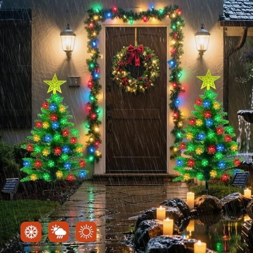 2 Pack 3.6Ft Solar Christmas Tree with 100 Snowflake Lights, Waterproof Christmas Decorations Outdoor, Solar Christmas Lights Outdoor Xmas Tree for Yard, Pathway, Porch, Cemetery, Holiday Decor