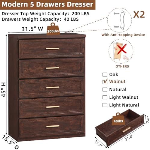 RWYHG Dresser Set for Bedroom with 5 Drawers 45" Tall