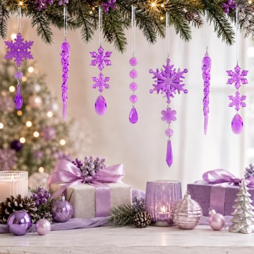 18pcs Crystal Christmas Ornaments for Christmas Tree Decorations-Purple Hanging Acrylic Snowflake and Icicle Ornaments with Drop Pendants for New Year Party Decorations Supplies
