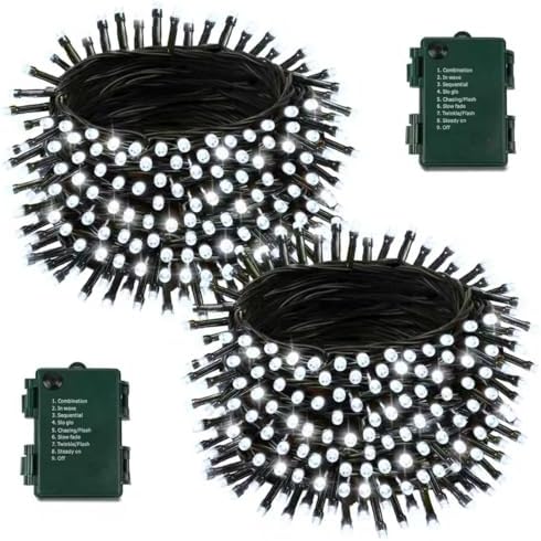 2 Pack 200 LED Battery Operated Christmas Lights, String Lights Cool White