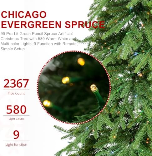 Glitzhome Prelit Christmas Tree, 9ft Pencil Artificial Christmas Tree with 580 Warm White & Multi-Color LED Lights, 9 Function w/Remote, Simple Setup, Chicago Evergreen Spruce for Home Holiday Décor