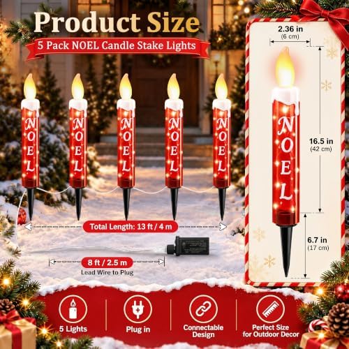 5 Pack Noel Christmas Candle Stake Lights, 23 in (Red, White)