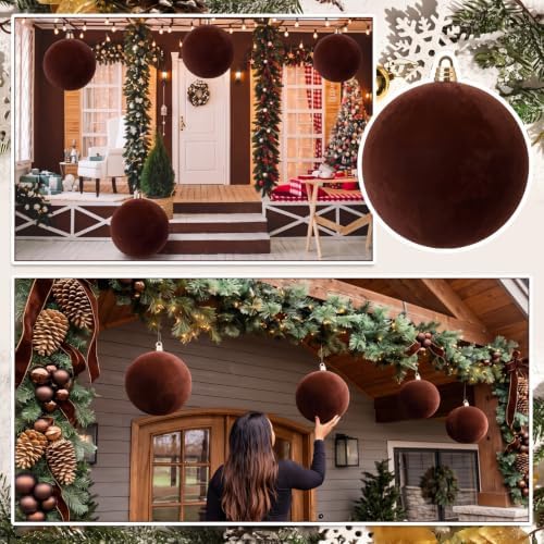Threan 12 Inch Large Chololate Brown Christmas Ball Ornaments Giant Oversized Plastic Velvet Brown Christmas Ball Decoration Shatterproof UV Hanging Ornament for Xmas Tree Outdoor Indoor Hanging Decor