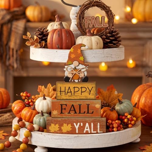 Lineshading 4 Pcs Fall Table Decor Wooden Block Signs with Gnome Set