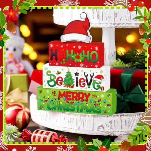 Moucuny 3 Pcs Christmas Wooden Stacking Blocks Farmhouse Table Decor