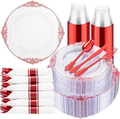 Hioasis 350 Pcs Clear Red Plates for Party