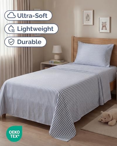 Twin Size 3 Piece Sheet Set - Breathable & Cooling Sheets - Blue Stripes
