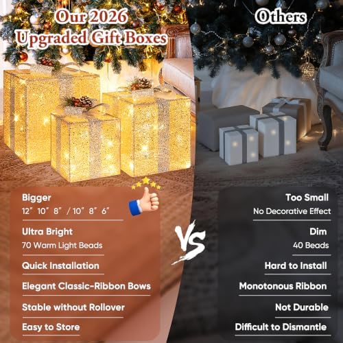 Brightever 12" 10" 8" Set of 3 Lighted Boxes - Larger Pre-lit Present Boxes with 70 LED Warm White String Lights and Bows, Foldable Christmas Ornaments for Indoor Outside Xmas Tree