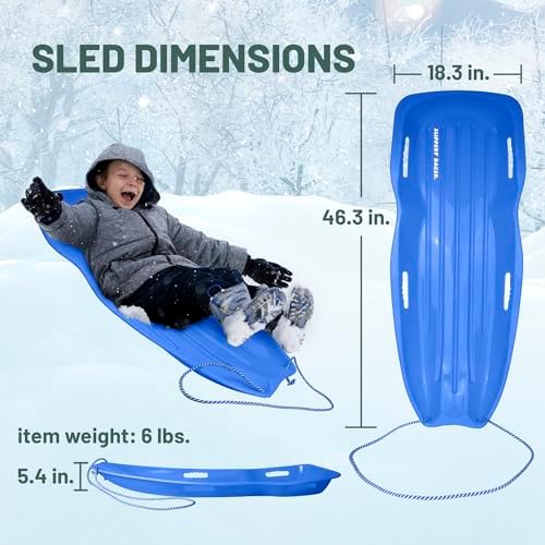 Slippery Racer Downhill Sprinter Flexible Kids Toddler Plastic Cold-Resistant Toboggan Snow Sled with Pull Rope and Handles, Blue