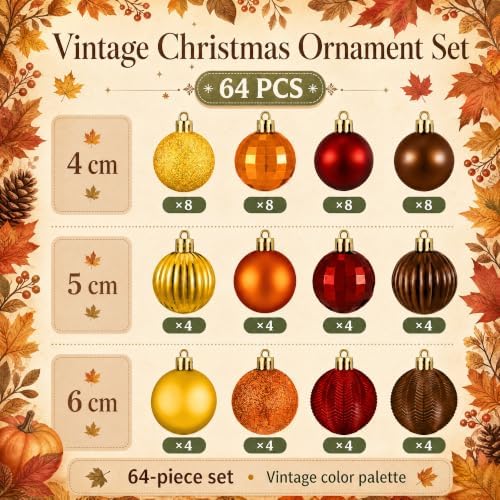 Lunmon 64 Pcs Fall Thanksgiving Tree Ornaments, Orange Brown Burgundy Gold
