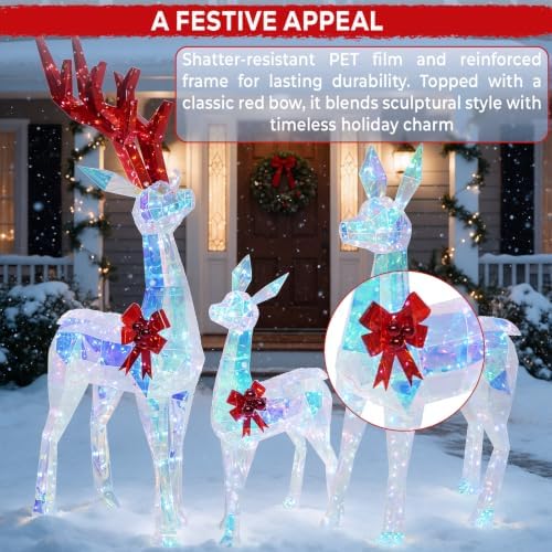 Hykolity 4 FT 3D Iridescent Prismatic Lighted Deer Family Set, 3-Piece Outdoor Christmas Reindeer Decorations with 180 Cool White LED Lights for Yard, Lawn and Porch