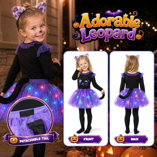 GIFTINBOX Cat Costume for Girls, Light Up Kids Halloween Cheetah Outfit