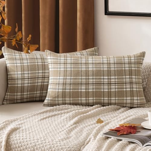 MIULEE Fall Plaid Pillow Covers Scottish Tartan 12x20 Neutral Khaki