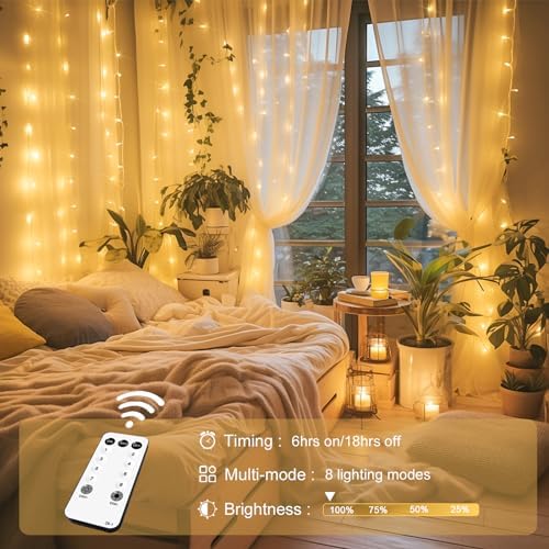 JMEXSUSS 300 LED Remote Control Curtain Lights, Plug in Fairy Curtain Lights Outdoor, Window Wall Hanging String Lights for Bedroom Indoor Dorm Backdrop Wedding Party Patio Christmas Decor, Warm White
