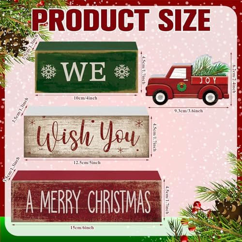 Lineshading 4 Pcs Wooden Red Truck Christmas Decor Block Signs