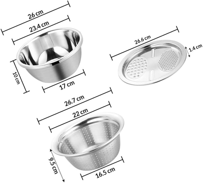 Stainless Steel Kitchen Grater with 26cm Strainer Basin, Multipurpose Vegetable Peeler Grater Set for Fruit Slicing and Salad Preparation, 3pcs Multifunctional Cutting Bowl