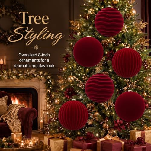 Hollowfly 6 pcs 8 Inch Burgundy Red Large Velvet Christmas Balls Ornaments