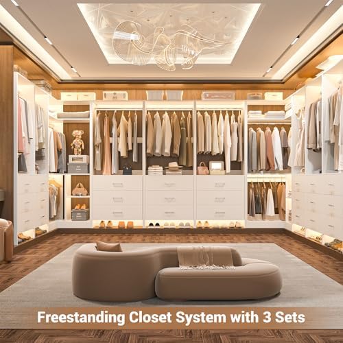Aheaplus Closet System with 6 Drawers, 4 Hanging Rods & Corner Tower, Corner Closet System with Hanging, 80.9" L-Shaped Walk-In Wardrobe Organizer, 2000+ lbs Capacity, Set of 3, White
