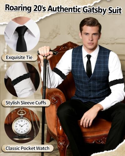 1920s Mens Costume, Roaring 20s Costumes for Men 1920s Mens Outfit with Walking Cane Vest Hat 1920 Mens Accessories