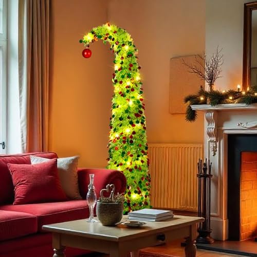 Aurelema 5 ft Whimsical Christmas Tree with 50 LED Lights Tinsel Green
