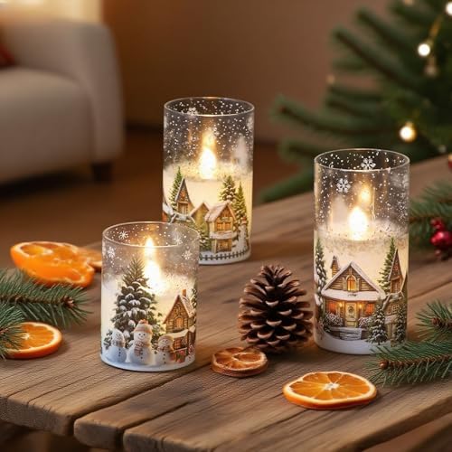 Snowman House Glass Flameless Candle Battery Operated Remote Timer