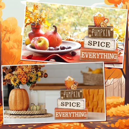 Moucuny 4 Pcs Fall Coffee Table Decor, Wooden Hot Cocoa Cup Block Sign