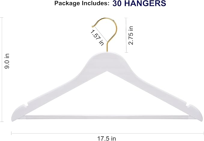 Amber Home 30 Pack White Wooden Coat Hangers with Gold Hook, White Wood Suit Hangers with Non-Slip Pant Bar, Clothes Hangers for Closet Organization, Shirts, Jackets, Dresses and Pants (White+Gold,30)